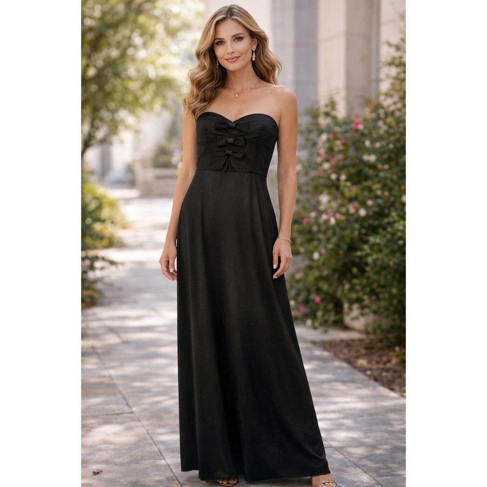 Lulus Dress Womens XS Black Satin Floor‎ Length Sleeveless Bow Elegant Wedding